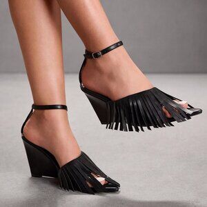 Women's black contemporary  tassel details High Heel  Buckle Sandals